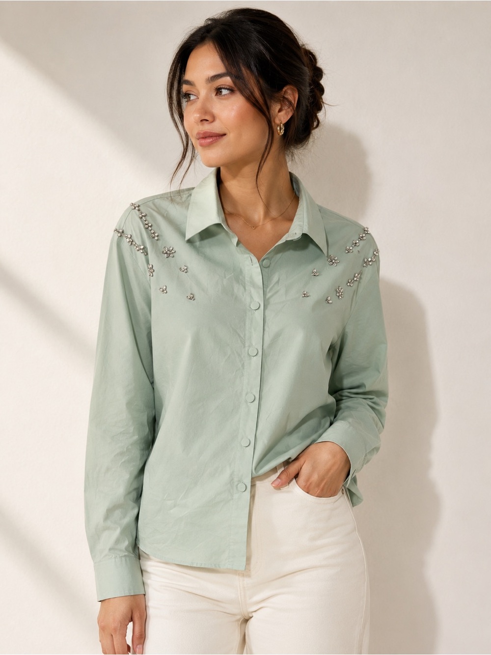 Women's Mint Embellished Button-Down Shirt